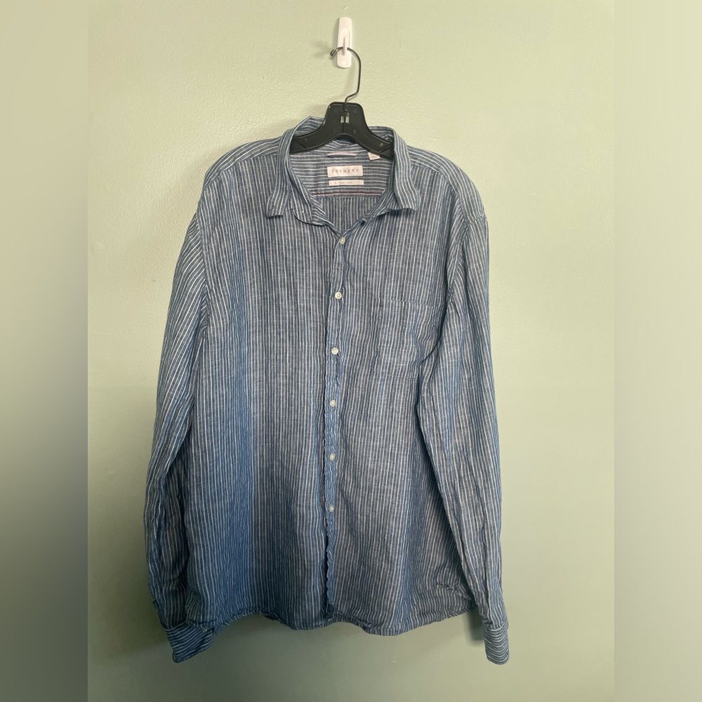 Trenery 100% Linen Blue Striped Mens Button Down Size 3XL